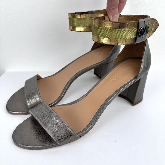 Sundance Leather Sandals Womens 10 EU 41 Pewter High Block Heels Ankle Straps - Picture 2 of 12